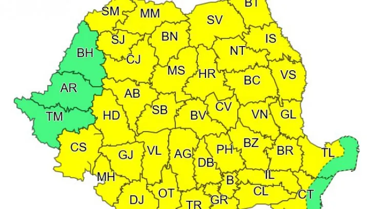 Județul Călărași se va afla sub cod galben de vreme rea până joi