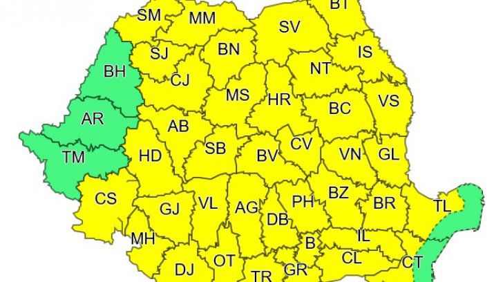 Județul Călărași se va afla sub cod galben de vreme rea până joi