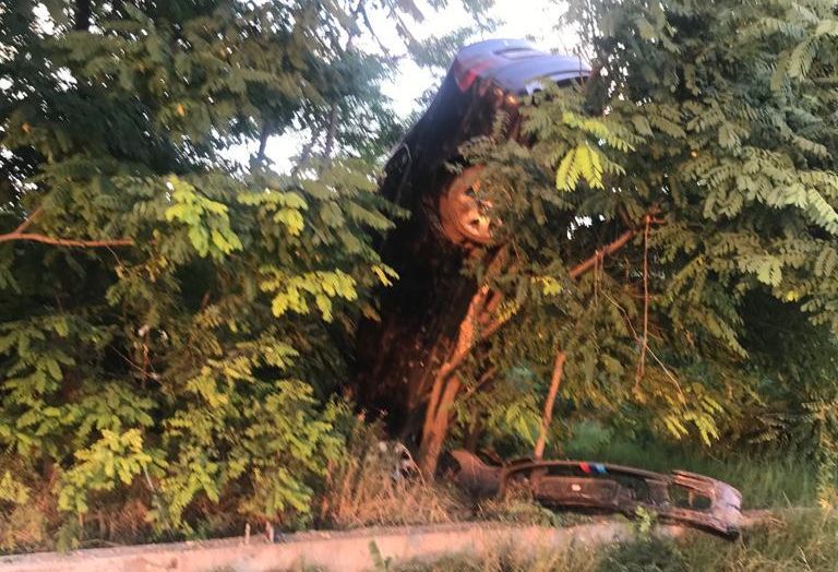 Cascador de ocazie – un tânăr șofer a proptit mașina într-un pom, pe verticală