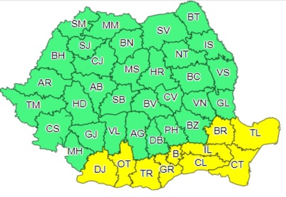 Cod galben de caniculă, sâmbătă, 15 iulie