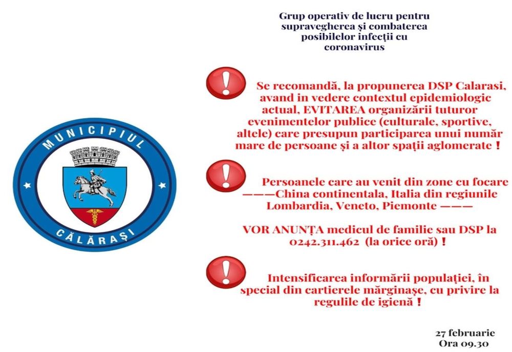 La propunerea DSP Călărași, se recomandă evitarea organizării oricăror evenimente publice cu un număr mare de persoane