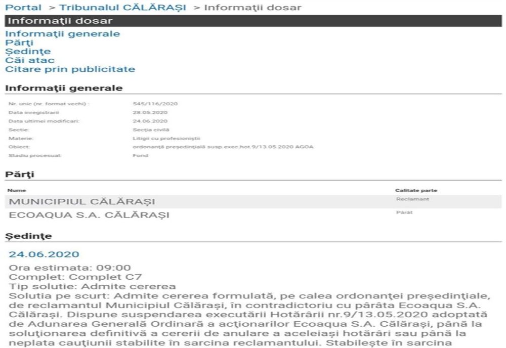 Hotărârea privind revocarea Consiliului de Administrație al EcoAqua, suspendată de instanță